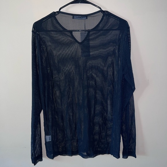 Men's Sheer Mesh See Through Notched V Neck Long Sleeve T Shirt Party Tops - Picture 3 of 7